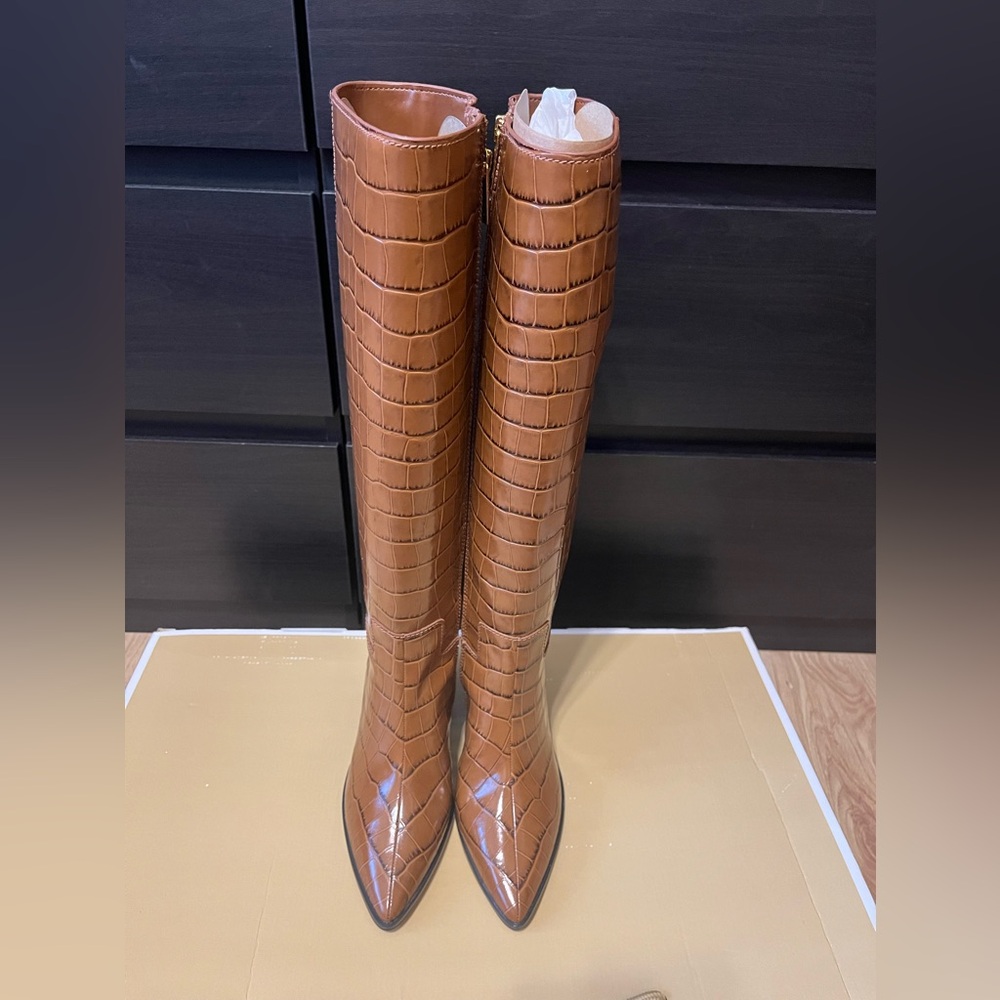 Michael Kors Brown Croc-Embossed Leather Heeled Boots